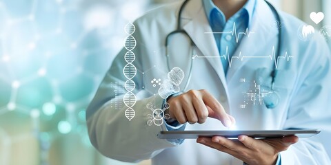 Doctor using tablet with futuristic medical data visualization and digital health technology concept.