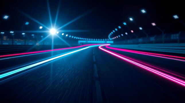 Neon Light Trails on Futuristic Car Race Track – Long Exposure Speed Motion Photography - Powered by Adobe