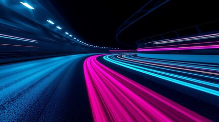 Neon Light Trails on Futuristic Car Race Track – Long Exposure Speed Motion Photography