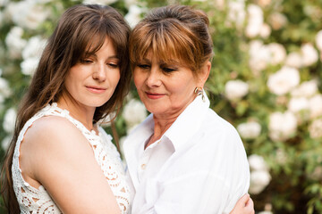 Close up portrait of smiling young adult woman 30-35 year old holding senior female 55-60 year old...