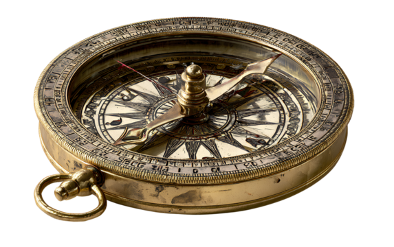 Vintage compass pointing south, white background