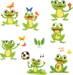 Obraz premium A fun, cute vector illustration of a set of cheerful green cartoon frogs with big smiles