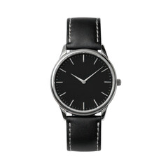 Classic black dial wristwatch with leather strap isolated on transparent background