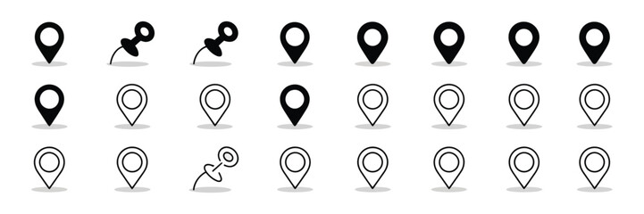 Location marker and map pin icon set with standard pins, circular markers, pushpins, and house shapes for navigation and web apps