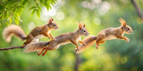 Three Agile Red Squirrels Leap Gracefully Through Lush Green Foliage, Displaying Their Natural Agility and Playfulness