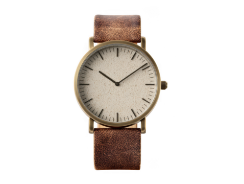 Minimalist mens wristwatch with brown leather strap isolated on transparent background