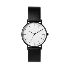 Minimalist black leather wristwatch isolated on transparent background