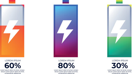 Battery charge icons with percentage levels from low to full power status in flat vector design