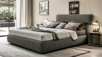 Fototapeta premium Modern gray upholstered bed in a bedroom setting.