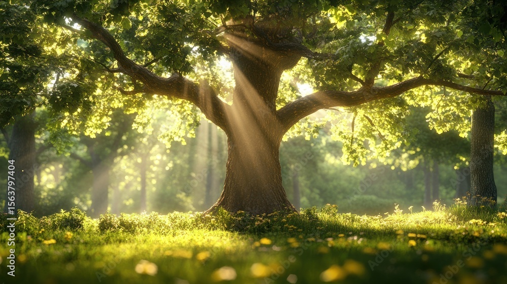 Poster sunlight streams through a large, ancient tree in a lush forest