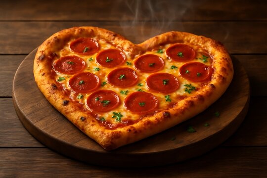 Heart shaped pepperoni pizza with fresh parsley on a wooden board