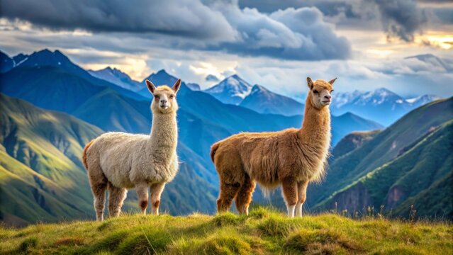 Two camelids standing proudly on a grassy hilltop, majestic mountain range backdrop, vibrant sunset hues - Powered by Adobe