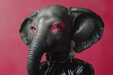 Elephant-headed figure in leather with striking pink eyeshadow