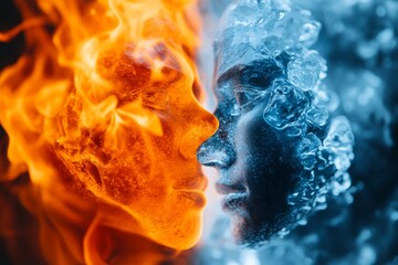 Burning and frozen faces approaching each other, representing opposite concepts