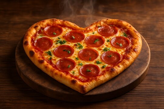 Delicious heart shaped pepperoni pizza with fresh parsley steaming on a wooden board - Powered by Adobe