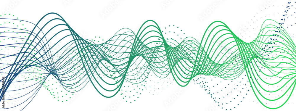 Poster abstract dynamic and flowing background with soft turquoise-green waveforms and dotted halftone elem