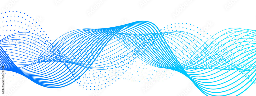 Poster abstract dynamic and flowing background with soft turquoise-green waveforms and dotted halftone elem