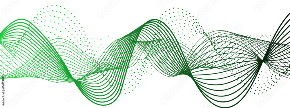Poster abstract dynamic and flowing background with soft turquoise-green waveforms and dotted halftone elem
