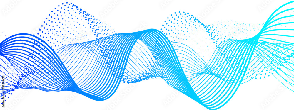 Poster abstract dynamic and flowing background with soft turquoise-green waveforms and dotted halftone elem