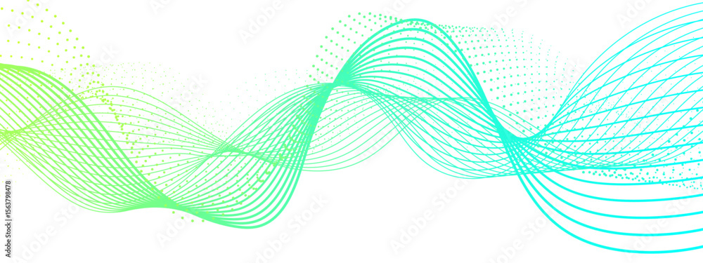 Poster abstract dynamic and flowing background with soft turquoise-green waveforms and dotted halftone elem