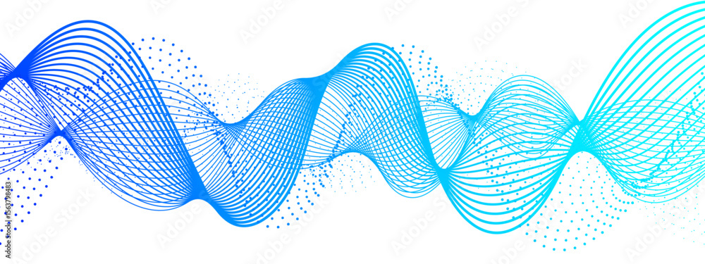 Poster abstract dynamic and flowing background with soft turquoise-green waveforms and dotted halftone elem