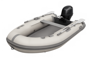 Inflatable motorboat featuring gray deck, mounted outboard engine, paired rowing oars against transparent backdrop
