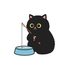 Flat icon of a black fluffy cat fishing in a bowl with a toy rod isolated