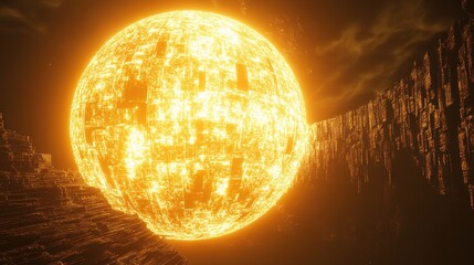 Fiery orb in a rocky landscape
