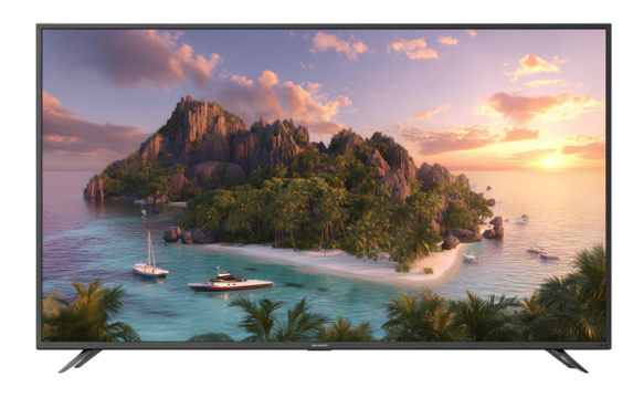 4k tv showing tropical landscape with boats at sunset, white background - Powered by Adobe