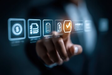 Fototapeta premium Businessman Interacting with Digital Financial Interface and Virtual Icons