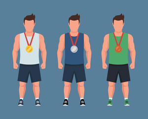 Fototapeta premium Illustration of Three Athletes Standing Wearing Gold, Silver and Bronze Medals