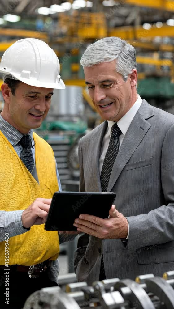 Poster two professionals discuss project details in a factory setting during daytime hours while reviewing 