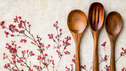 Flatlay of three wooden spoons and delicate pink flowers on a linen background.  Perfect for cooking blogs, culinary websites, or home decor.