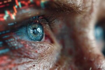 Close-Up of Human Eye with Data Visualization and Financial Graph Overlay