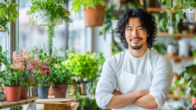 Smiling Florist in Greenhouse: A friendly florist with long dark hair and a beard smiles warmly amidst a vibrant collection of potted plants and flowers in a sunlit greenhouse.   - Powered by Adobe