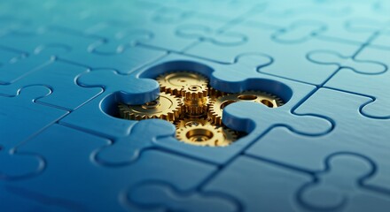 A close-up of a blue puzzle with a missing piece revealing golden gears in a creative and symbolic style  