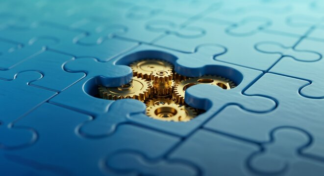 A close-up of a blue puzzle with a missing piece revealing golden gears in a creative and symbolic style  