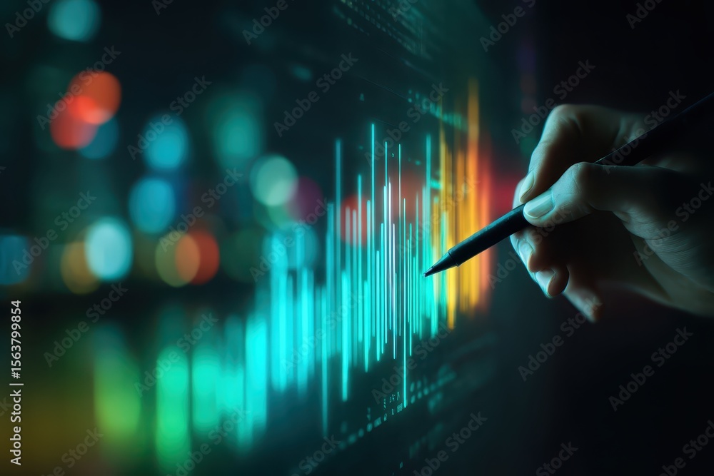 Poster hand holding pen analyzing digital data visualization on screen background