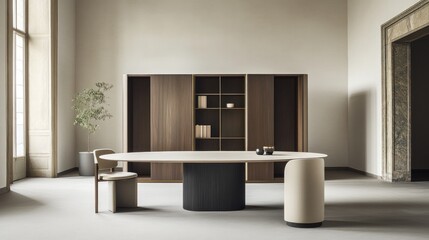 Oval conference table with built-in storage in a light-filled room.