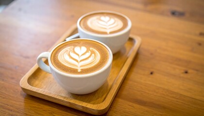 Latte art in mugs on wood tray.