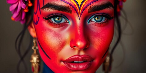 Vibrant face paint mirroring a sunset, artistic fashion makeup, sky, visual