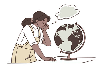 Young student thoughtfully contemplating the world globe with a blank thought bubble above her head representing learning and exploration