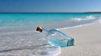 Glass bottle rests peacefully on serene tropical beach. Clear ocean water washes ashore