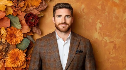 Man Posing with Floral Decor: A handsome man in a well-tailored suit poses confidently. He is surrounded by colorful fall floral decorations in a warm, inviting setting.