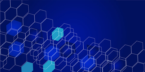 Modern scientific with hexagon shapes and glowing particles. Molecular structure, big data visualization, digital network connection,