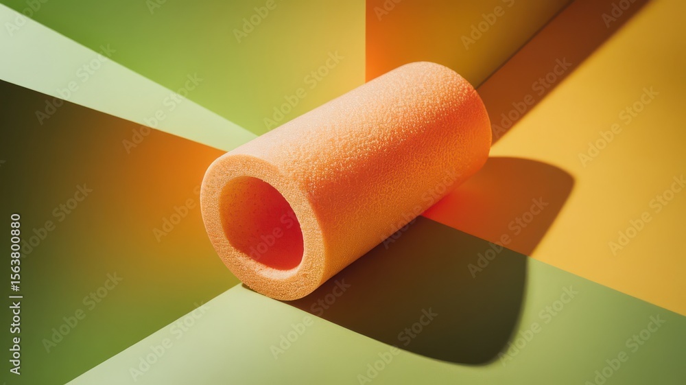 Poster textured orange cylinder resting on angular multi-colored paper arrangement