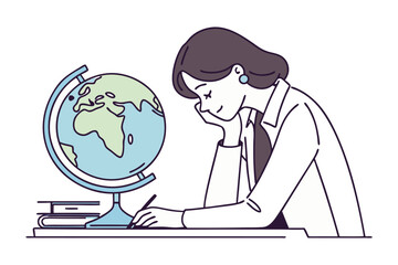 A thoughtful student with dark hair and a blue earring studies a globe pen in hand surrounded by books on a desk