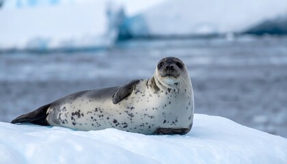 Obraz premium Leopard seal resting on icy surface.