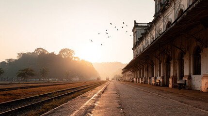 Train track, railway station platform under serene sunrise, evoking travel nostalgia