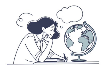 Young woman thoughtfully studying a globe and writing in a notebook with a blank thought bubble above her head